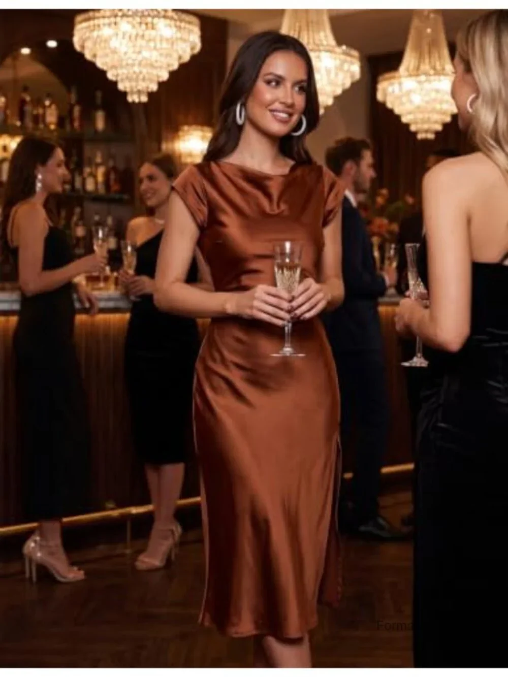 Satin Midi Dress Twist Back Cutout Formal Wedding Guest Cocktail Cap Sleeve